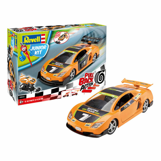 Revell Junior Kit Pull Back Racing Car, Rennauto, Orange, Modellbausatz für Kinder, 38 Teile, ab 4 Jahren, 00832