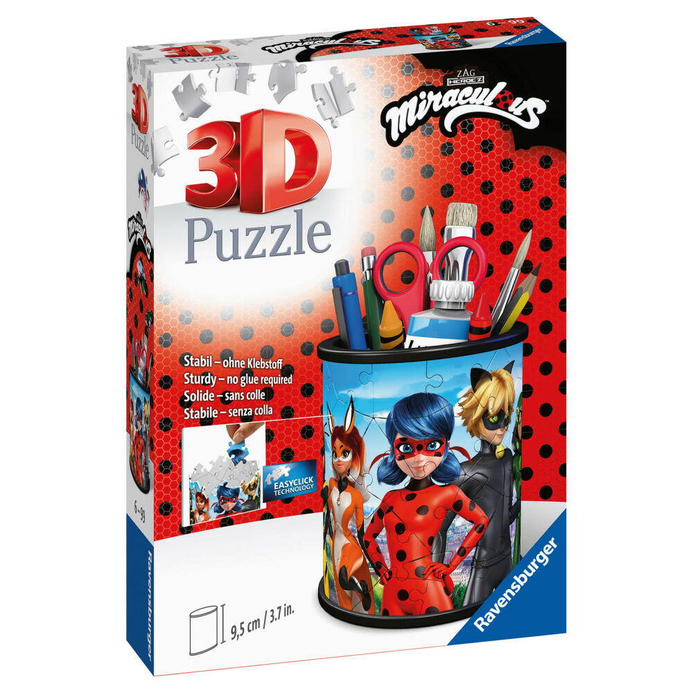 Ravensburger 3D-Puzzle Utensilo Miraculous, 3D Puzzle, Kinderpuzzle, Stiftehalter, 54 Teile, 11276