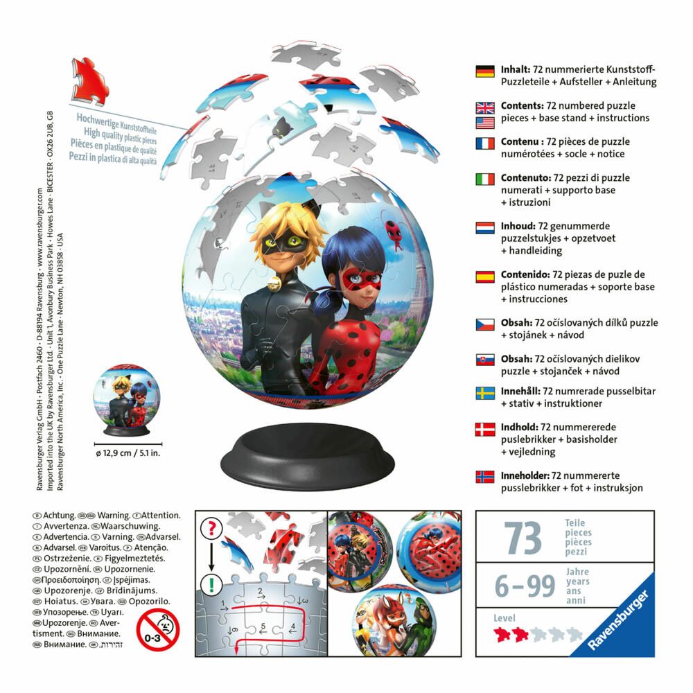 Ravensburger Puzzle-Ball Miraculous, Puzzleball, Kinderpuzzle, Kinder Puzzle, 3D, 72 Teile, 11167