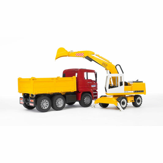 Bruder Baufahrzeuge MAN TGA Kipplastwagen, mit Liebherr Schaufelbagger, Bagger, LKW, Modellfahrzeug, Modell Fahrzeug, Spielzeug, 02751