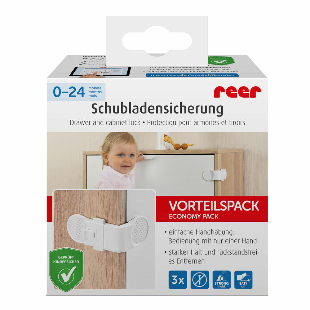 reer Vorteilspack Schrank- und Schubladensicherung, 3er Set, Klemmschutz, Kinder Sicherung, Weiß, 71080