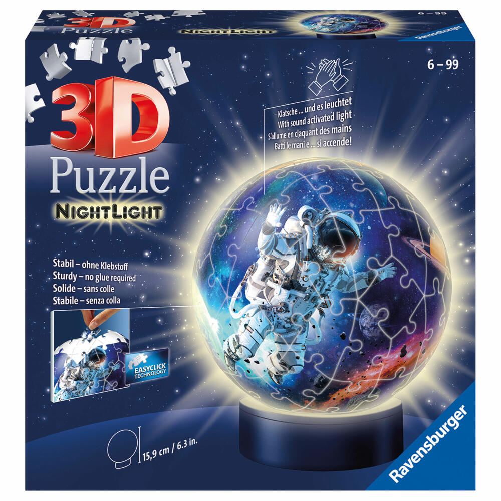 Ravensburger 3D Puzzle-Ball Astronauten im Weltall, Nachtlicht, Kinderpuzzle, Kinderspiel, Puzzleball, 72 Teile, 11264