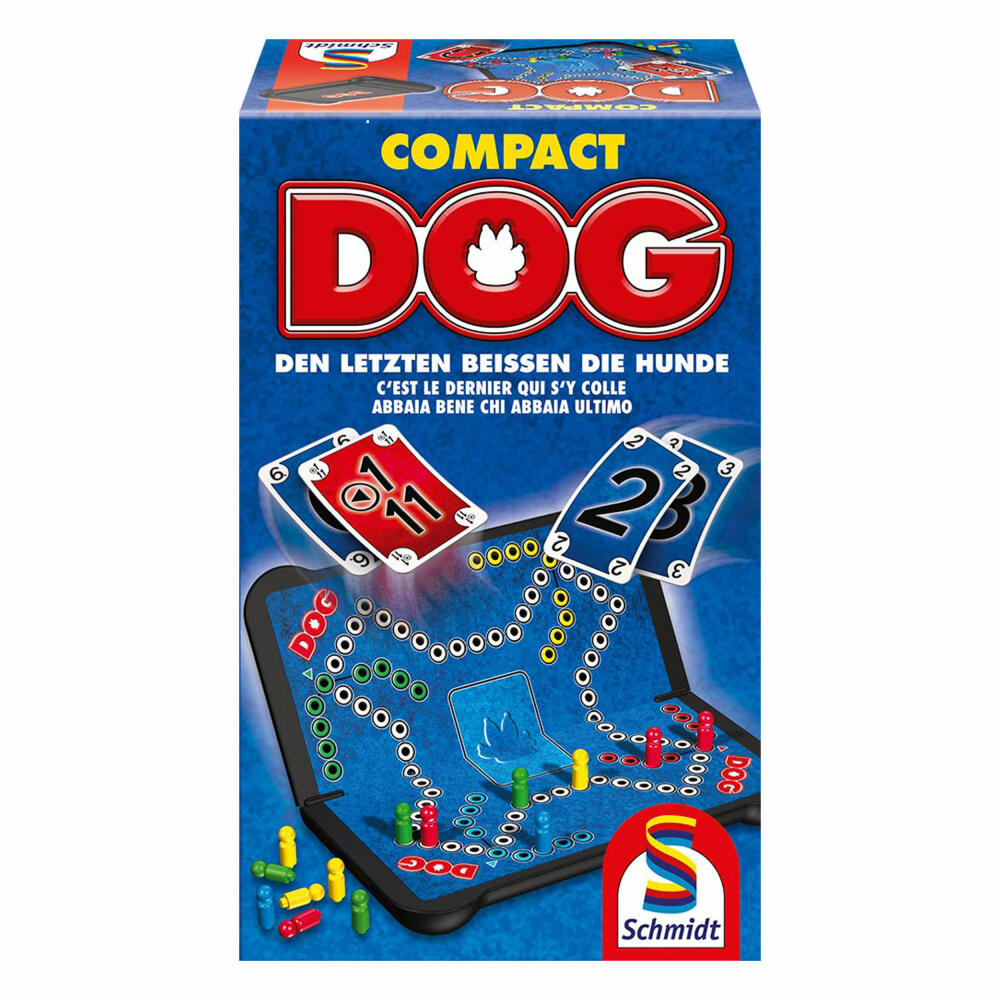 Schmidt Spiele DOG, Compact, Familienspiel, Brettspiel, Kartenspiel, 2 bis 4 Spieler, 49216