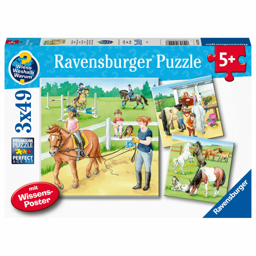 Ravensburger Puzzle Wieso Weshalb Warum Ein Tag auf dem Reiterhof, Kinderpuzzle, Legespiel, 3 x 49 Teile, 05129