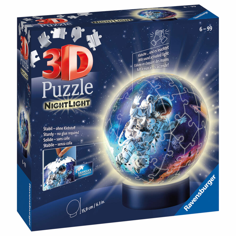 Ravensburger 3D Puzzle-Ball Astronauten im Weltall, Nachtlicht, Kinderpuzzle, Kinderspiel, Puzzleball, 72 Teile, 11264