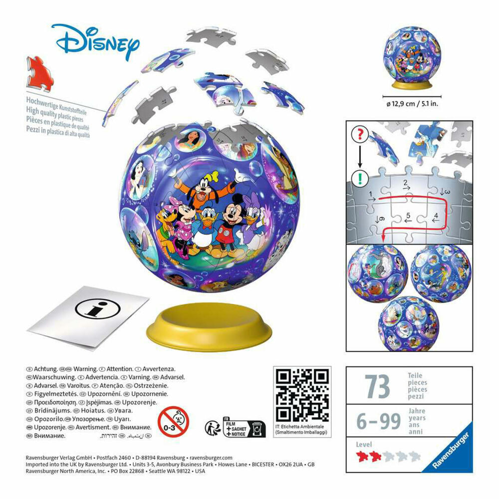 Ravensburger 3D-Puzzle Disney Charaktere, 3D Puzzle, Puzzleball, Kinderpuzzle, 72 Teile, 11561