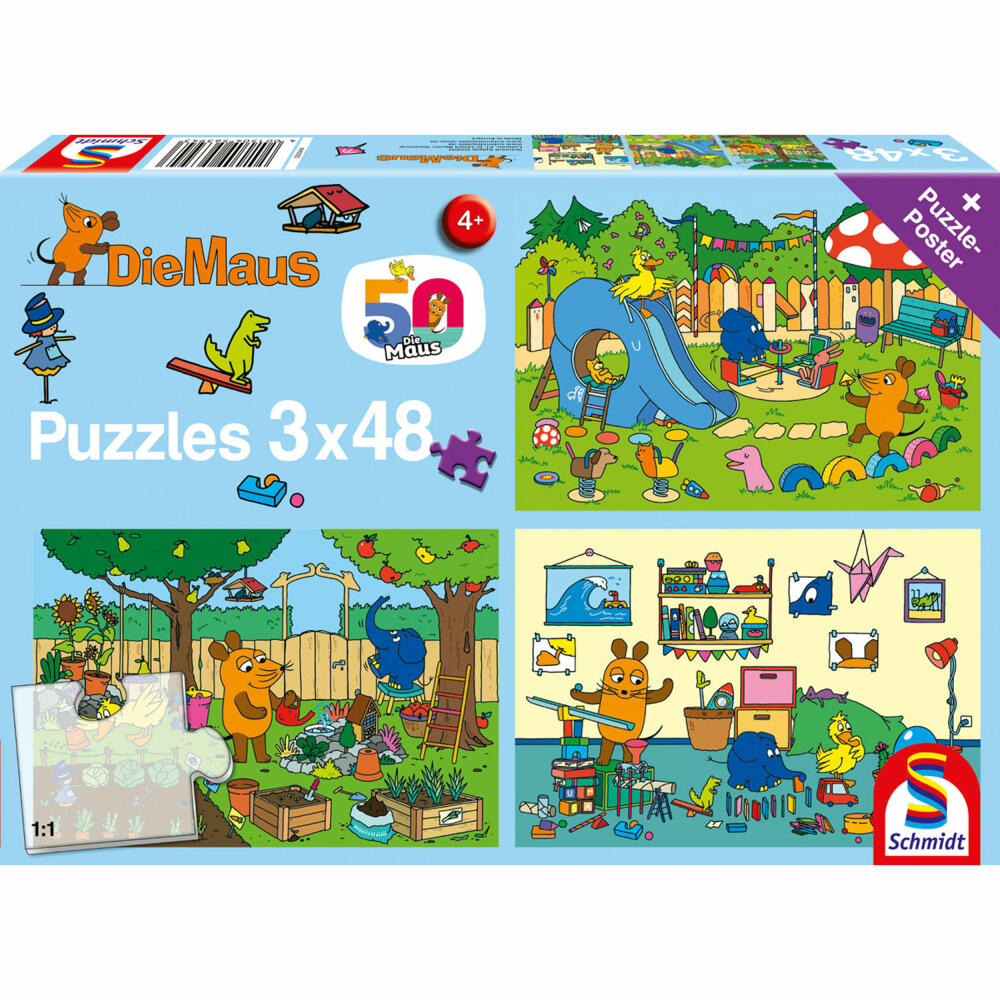 Schmidt Spiele Die Maus Ein Tag mit der Maus, Kinderpuzzle, Kinder Puzzle, Kinderpuzzles, 3 x 48 Teile, 56394