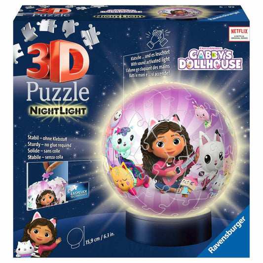 Ravensburger 3D Puzzle Ball Nachtlicht Gabbys Dollhouse, Puzzleball, Puzzles, 72 Teile, ab 6 Jahren, 11575