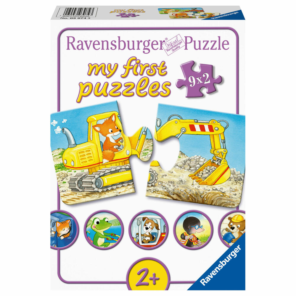 Ravensburger Puzzle Tierische Baustelle, My First Puzzles, Kinderpuzzle, Legespiel, 9 x 2 Teile, 03074