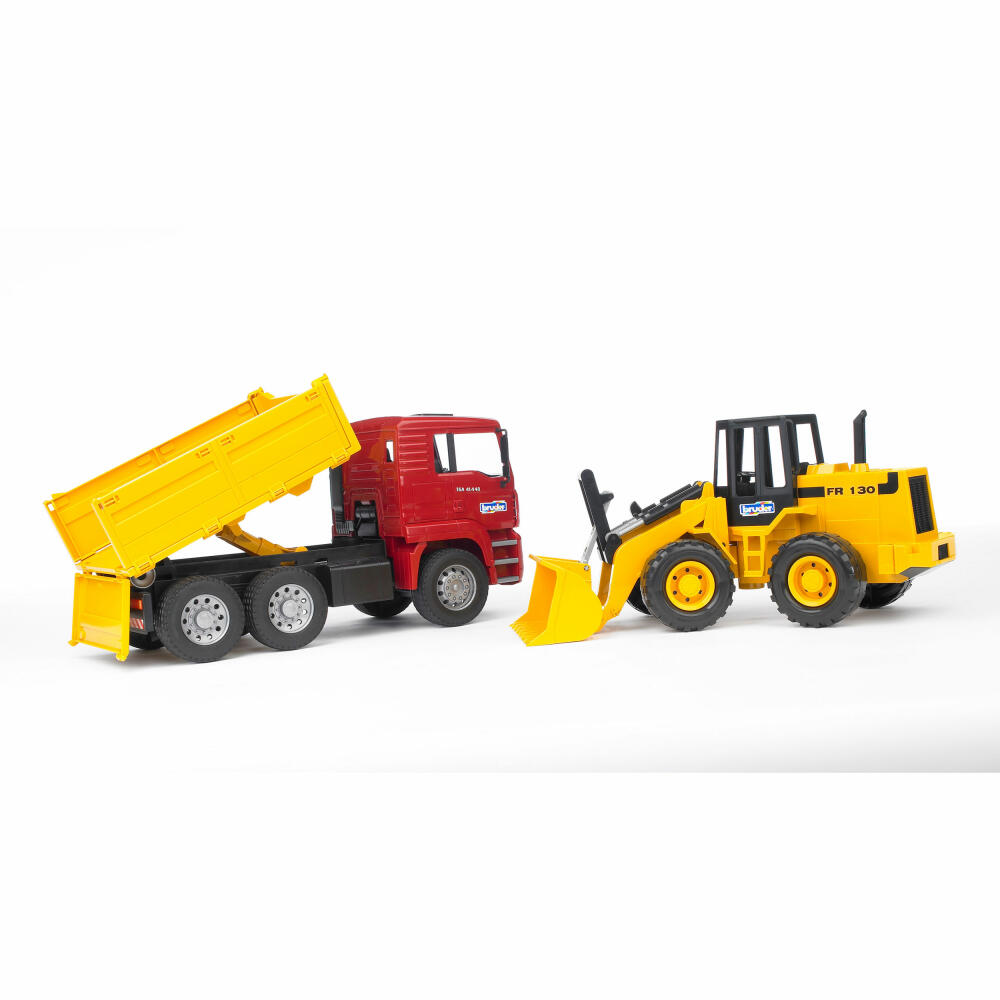 Bruder Baufahrzeuge MAN TGA Kipplastwagen, mit Gelenkradlader FR130, LKW, Modellfahrzeug, Modell Fahrzeug, Spielzeug, 02752