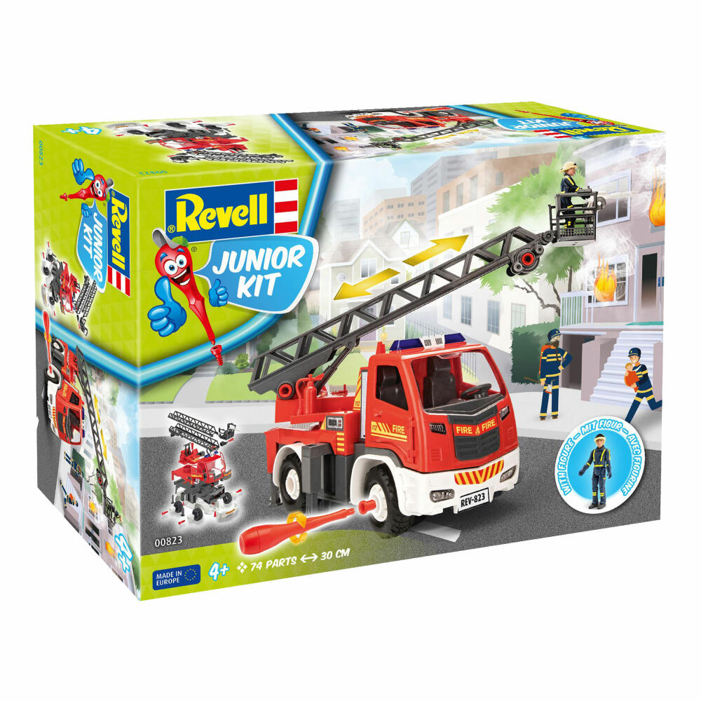 Revell Junior Kit Feuerwehr Leiterwagen, mit Spielfigur, Modellbausatz für Kinder, 69 Teile, ab 4 Jahren, 00823