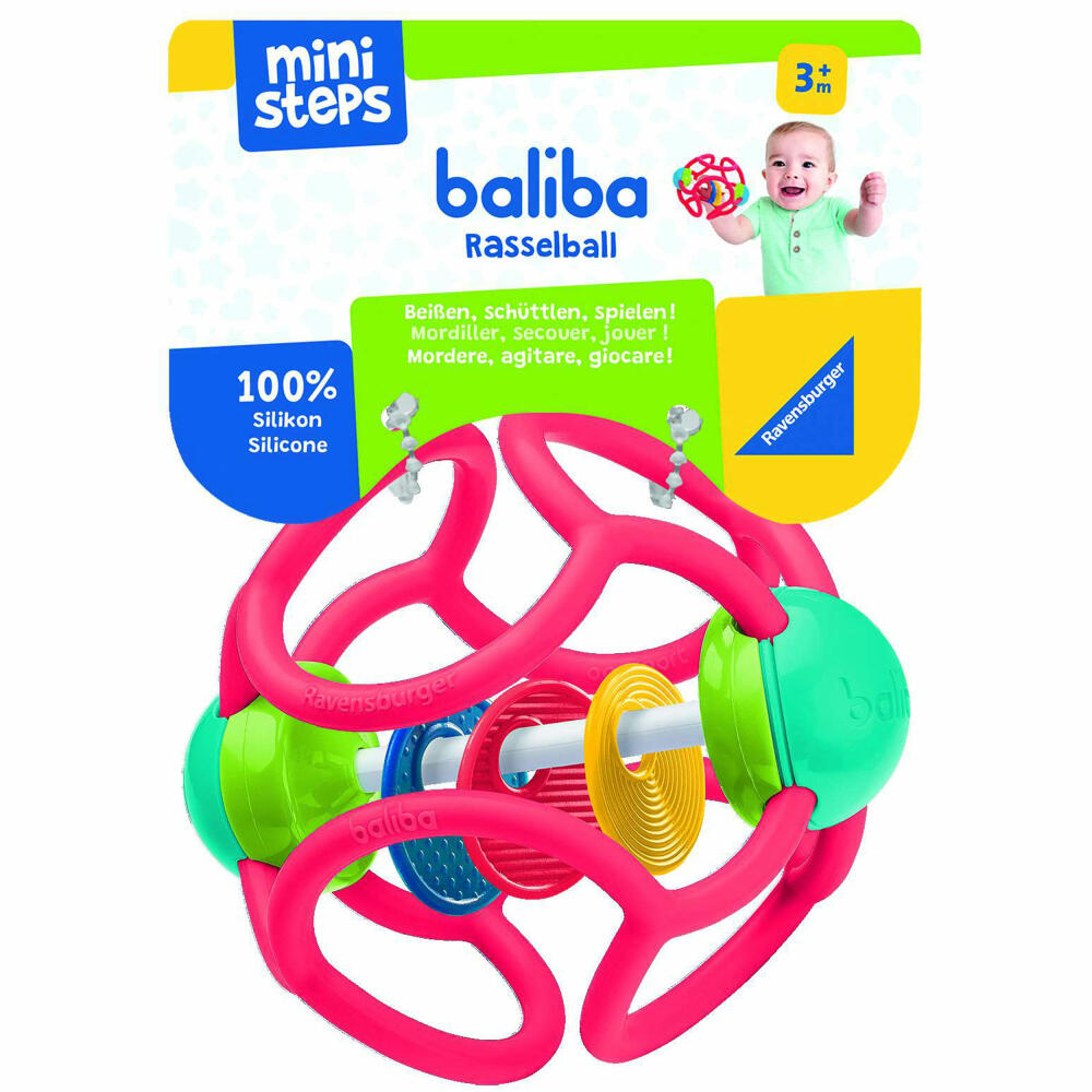 Ravensburger ministeps baliba Rasselball, Rassel Ball, Greifling, Beißball, Greifball, Beißhilfe, Spielzeug, Silikon, Rot, 04151