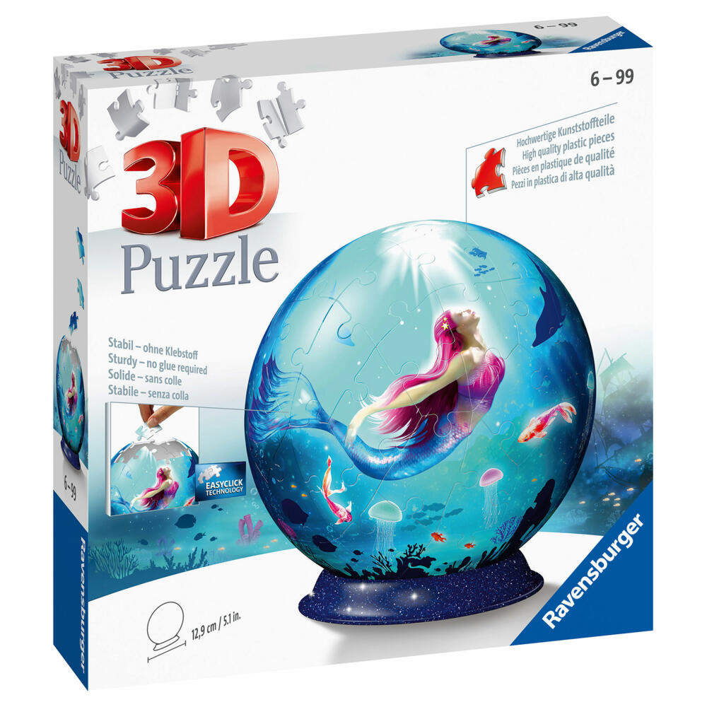 Ravensburger 3D Puzzle-Ball Bezaubernde Meerjungfrauen, Kinderpuzzle, Kinderspiel, Puzzleball, 72 Teile, 11250