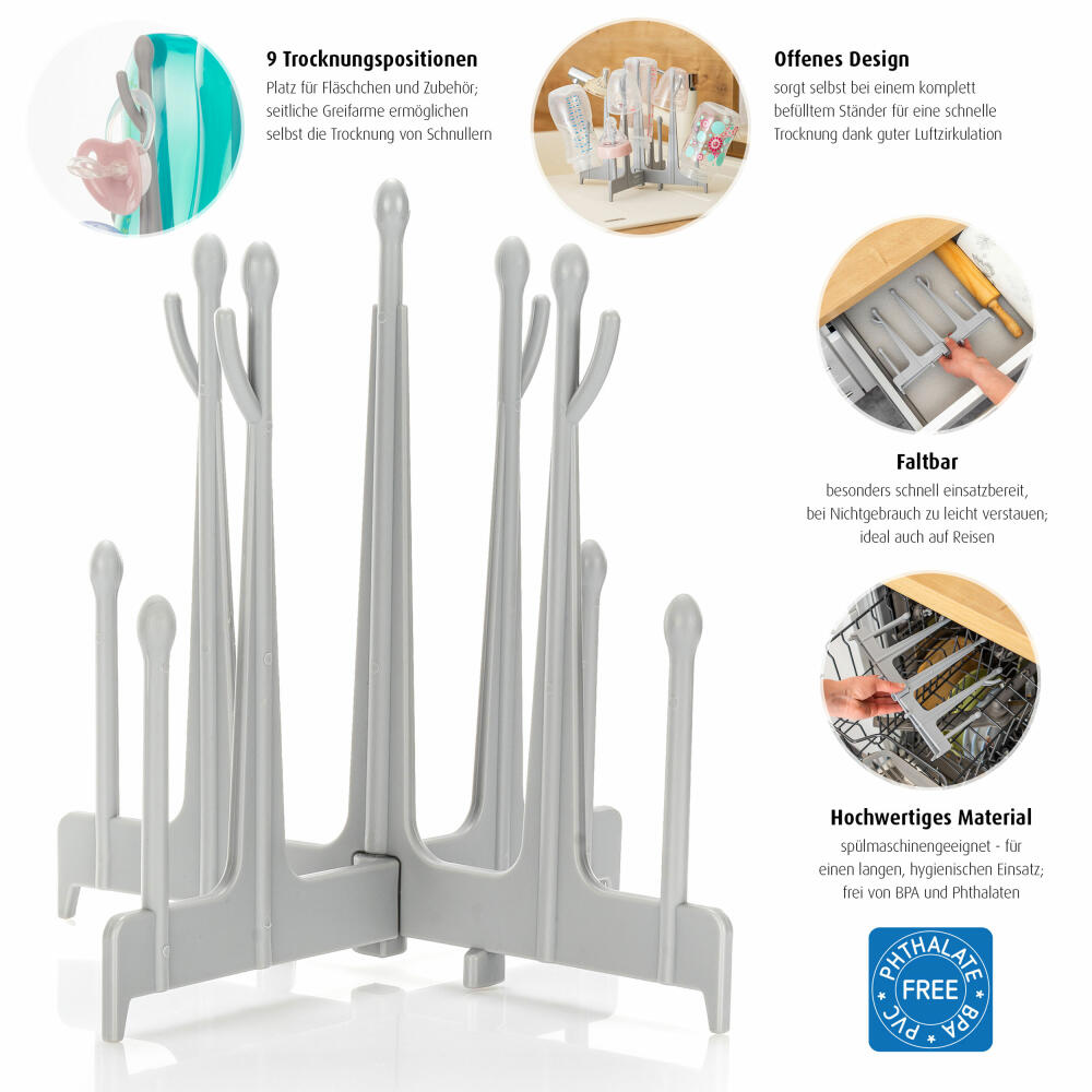 reer Trockenständer für Babyflaschen, Abtropfgestell, Falschenhalter, Flaschenständer, Kunststoff, Grau, 21041