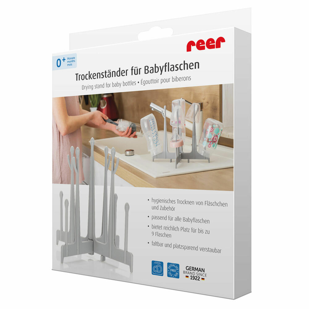 reer Trockenständer für Babyflaschen, Abtropfgestell, Falschenhalter, Flaschenständer, Kunststoff, Grau, 21041