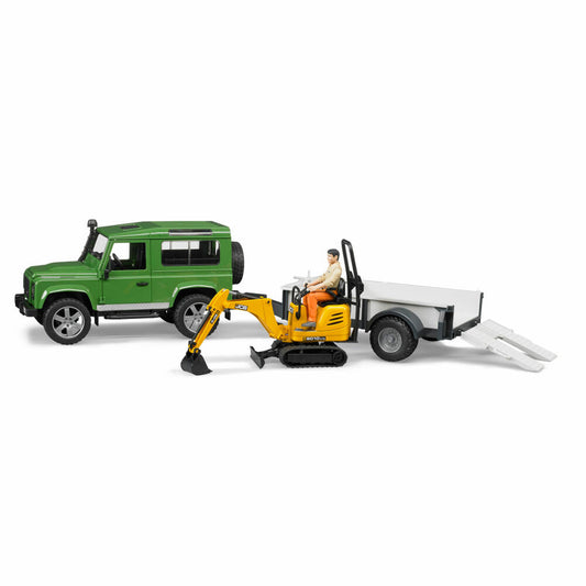 Bruder Baufahrzeuge Land Rover Defender Station Wagon, mit Anhänger, JCBMikrobagger 8010 CTS, Bauarbeiter, Bagger, Modellfahrzeug, Modell Fahrzeug, Spielzeug, 02593