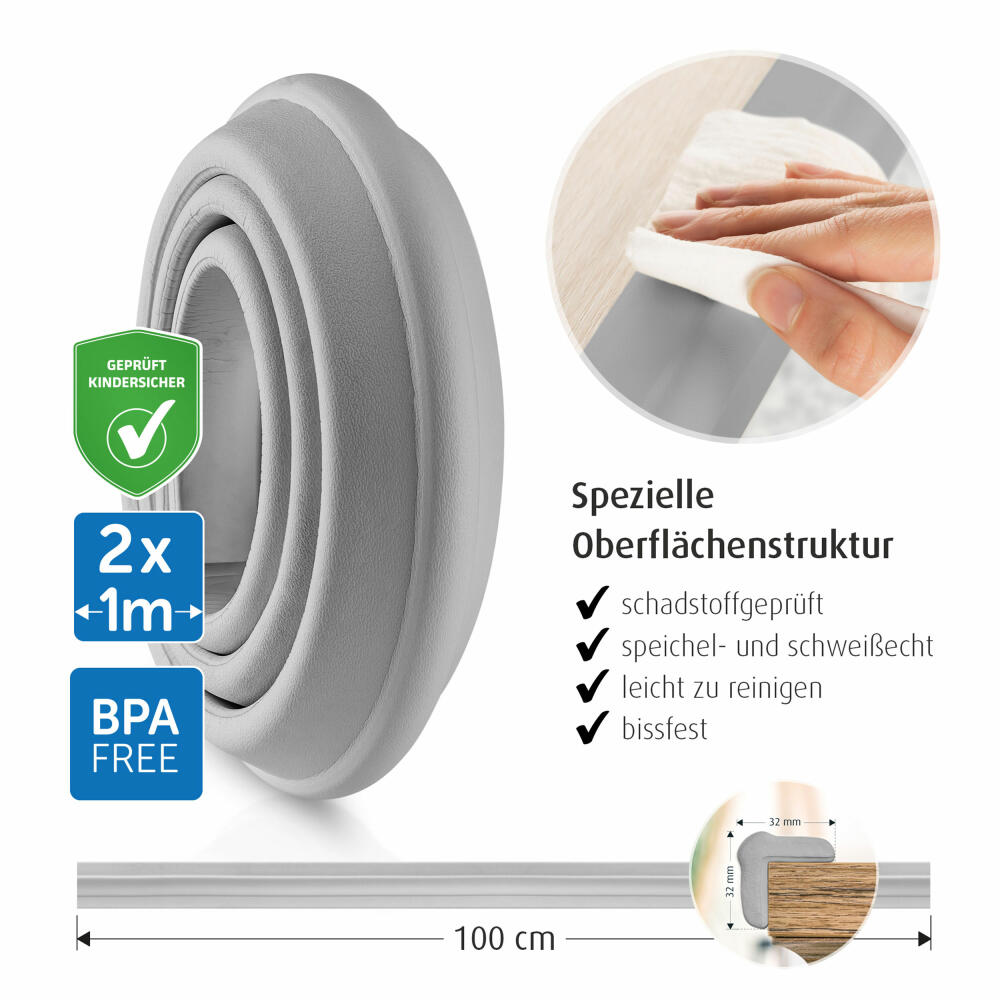 reer Kantenschutz soft, Kanten Schutz, Kinder, Sicherheit, Kindersicherung, Schaumstoff, Grau, 82041