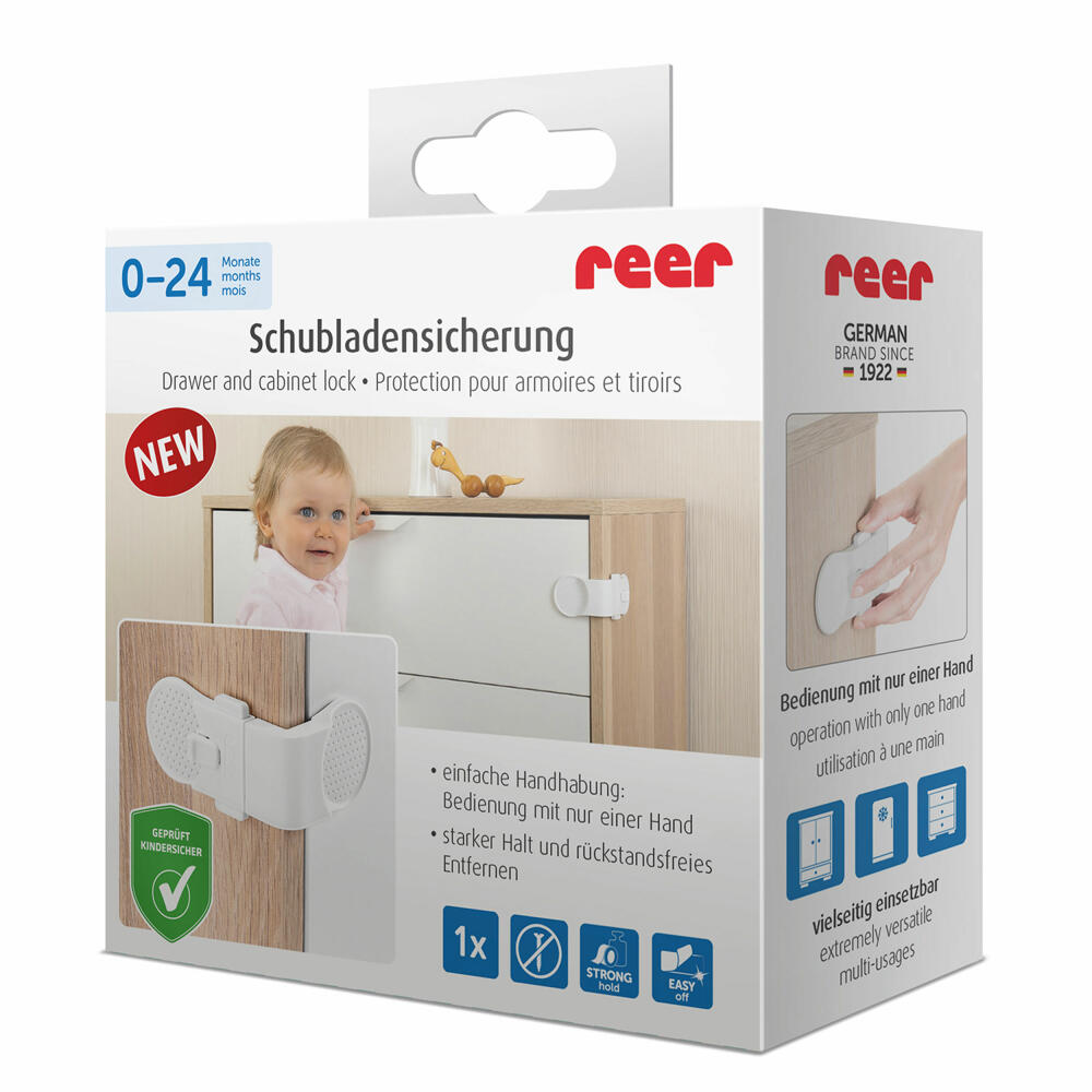 reer Schrank- und Schubladensicherung Extern, Schranksicherung, Schublade, Sicherung, Kindersicherung, Zum Kleben, 71050