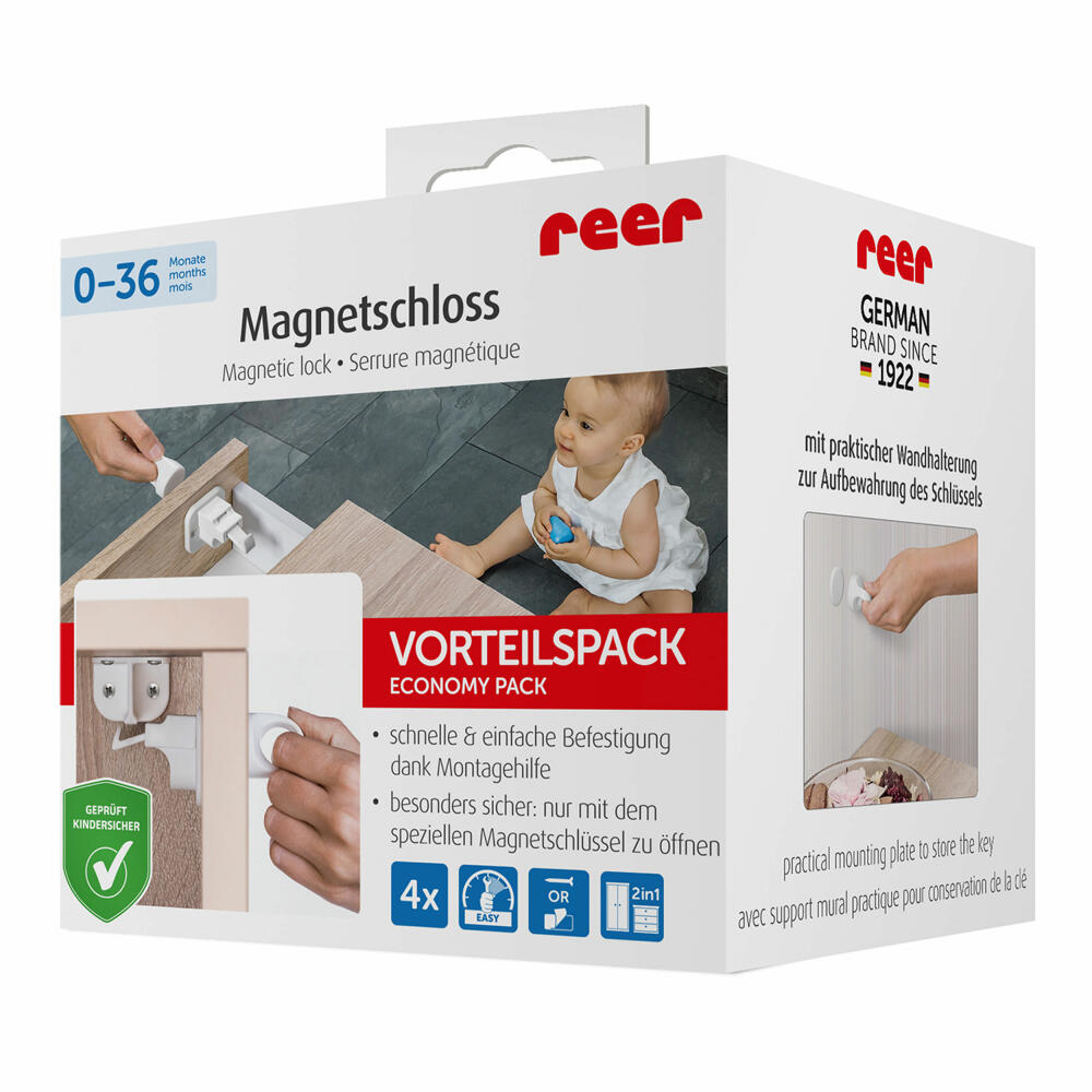 reer Magnetschloss, 4er Set, Schrankschloss, Schrank Schloss, Schublade, Kindersicherung, Sicherung, Baby Sicherheit, Kinder Schutz, 51020