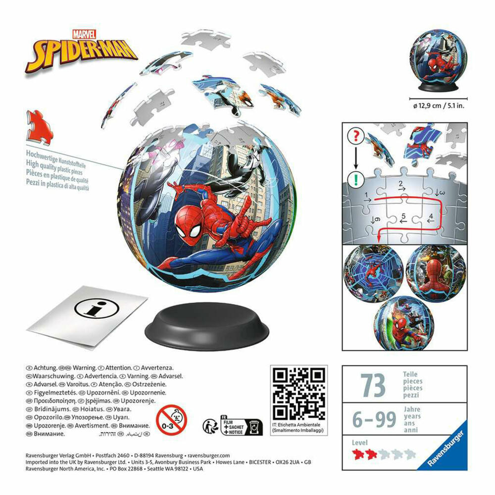 Ravensburger 3D Puzzle Ball Spiderman, Puzzleball, Puzzles, 72 Teile, ab 6 Jahren, 11563