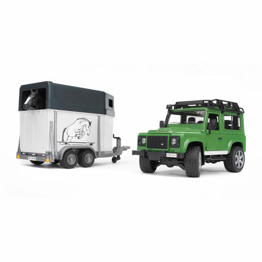 Bruder Freizeit Land Rover Defender Station Wagon, mit Pferdeanhänger und Pferd, Modellfahrzeug, Modell Fahrzeug, Spielzeug, 02592