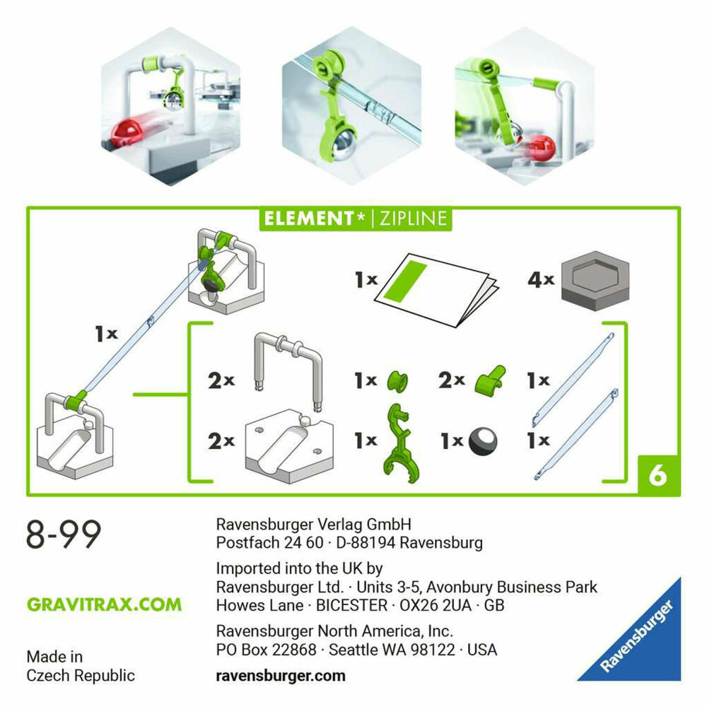 Ravensburger GraviTrax Element Zipline, Erweiterung, Interaktives Kugelbahnsystem, Kugelbahn, Zubehör, 27472