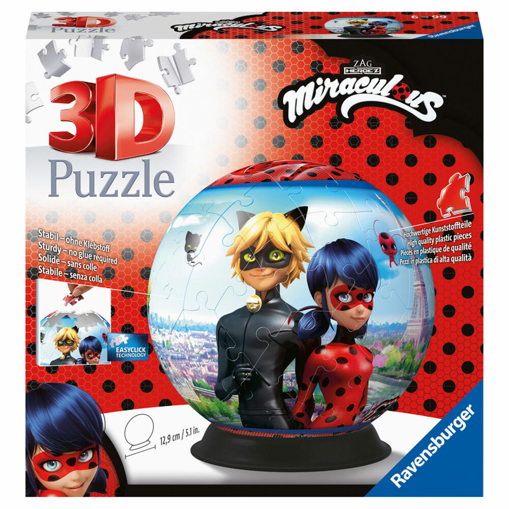 Ravensburger Puzzle-Ball Miraculous, Puzzleball, Kinderpuzzle, Kinder Puzzle, 3D, 72 Teile, 11167