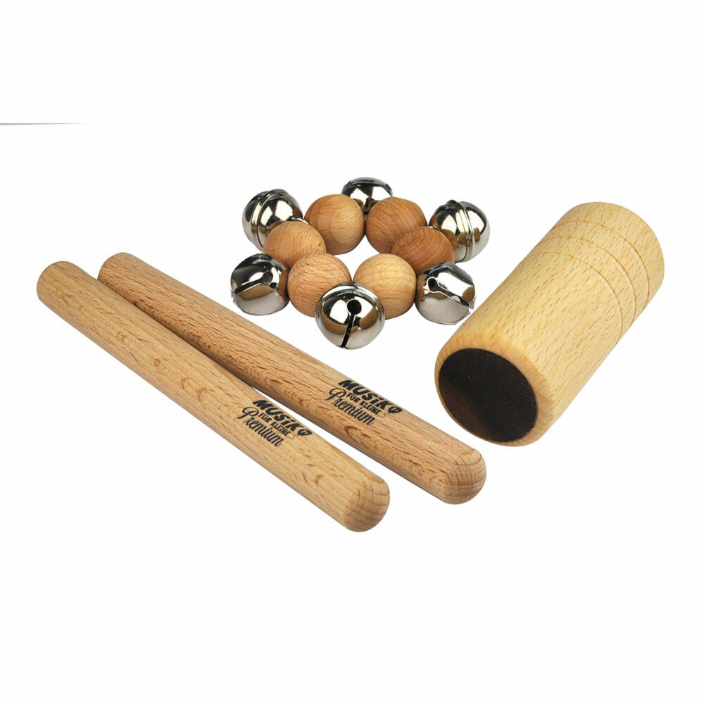 Voggenreiter Musik für Kleine Premium Das Mini-Percussion-Set, 4-tlg., Klangstäbe, Holzshaker, Glöckchen Armband, Rassel, Instrument, 1113