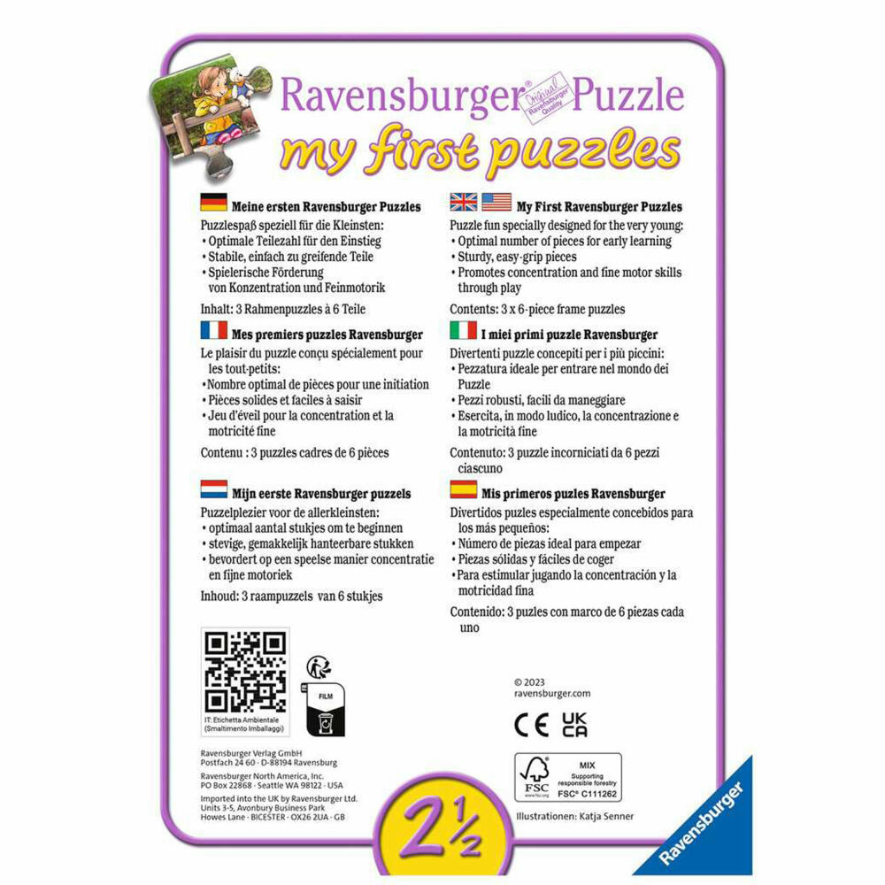 Ravensburger my first puzzles Lotta auf dem Bauernhof, Puzzle, Kinderpuzzle, Legespiel, 3 x 6 Teile, 05679