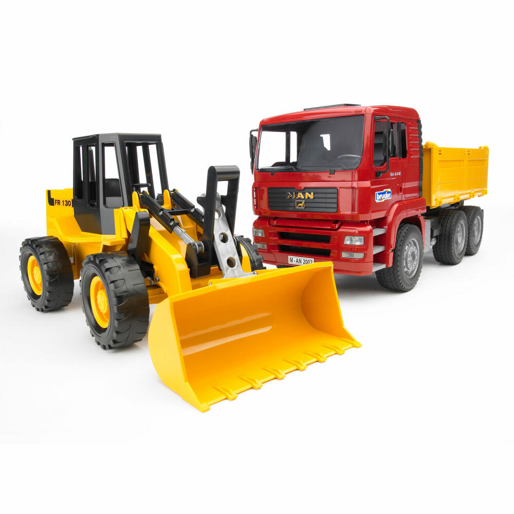 Bruder Baufahrzeuge MAN TGA Kipplastwagen, mit Gelenkradlader FR130, LKW, Modellfahrzeug, Modell Fahrzeug, Spielzeug, 02752