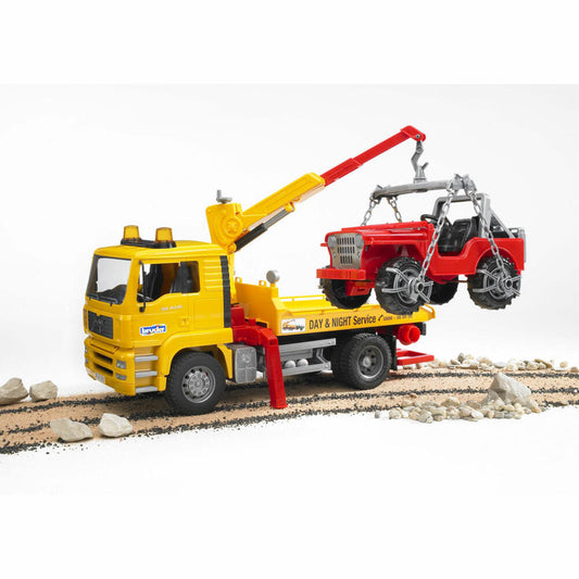 Bruder Baufahrzeuge MAN TGA Abschlepp-LKW, mit Geländewagen, Modellfahrzeug, Modell Fahrzeug, Spielzeug, 02750