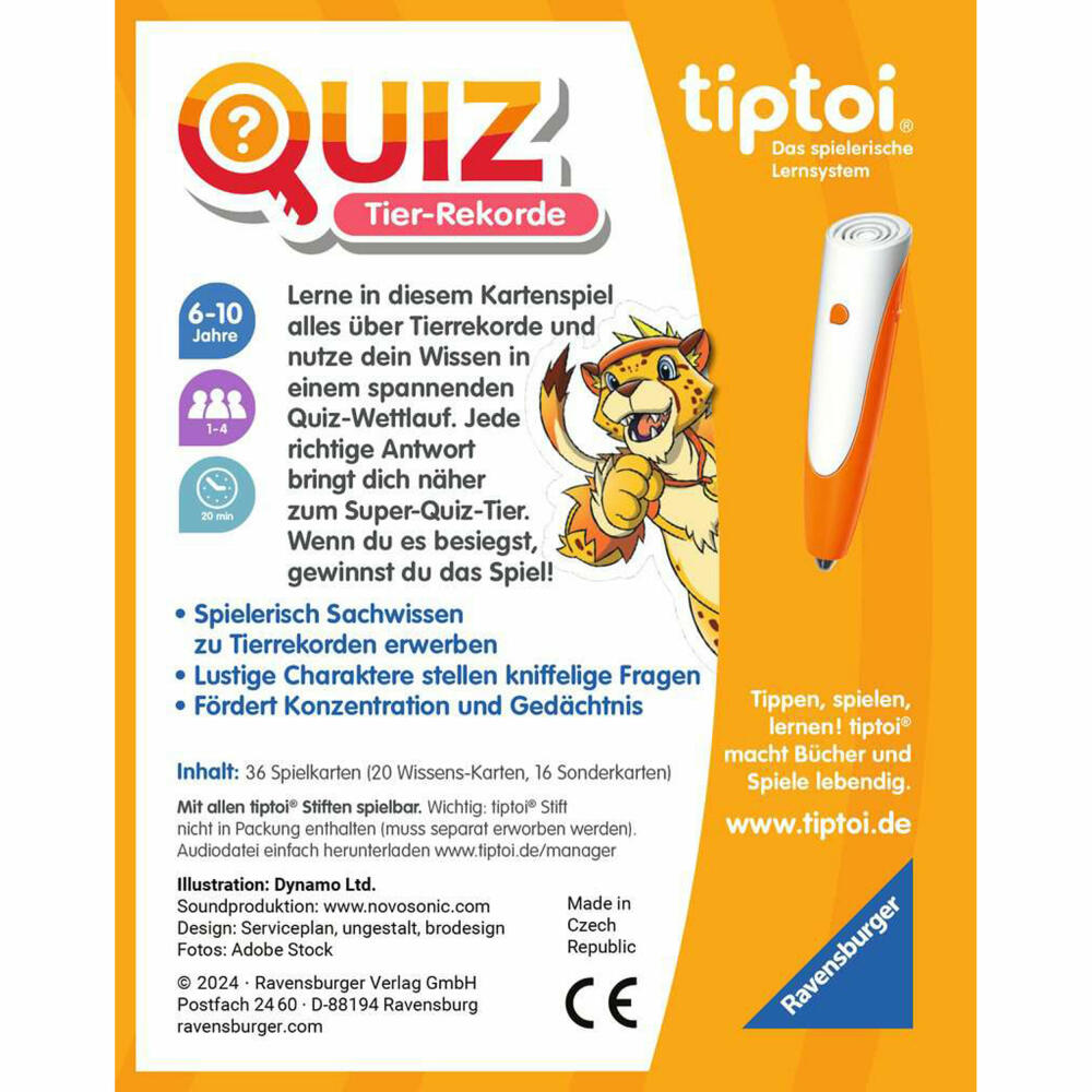 Ravensburger tiptoi Quiz Tier-Rekorde, Quizspiel, Wissensspiel, ab 6 Jahren, 00194