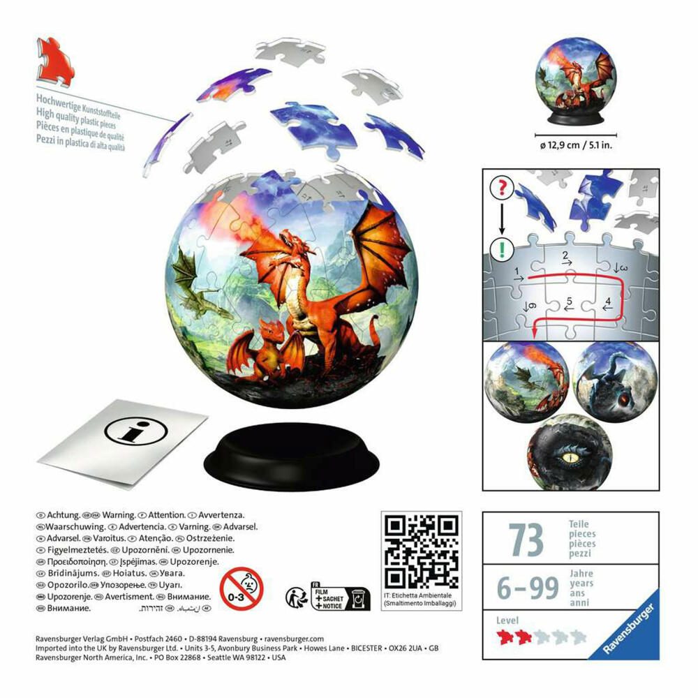 Ravensburger 3D Puzzle Ball Mystische Drachen, Puzzleball, Puzzles, 72 Teile, ab 6 Jahren, 11565