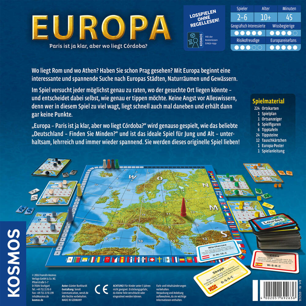 KOSMOS Familienspiele Europa, Wissenspiel, Erdkunde, Geographie Spiel, ab 10 Jahren, 692636