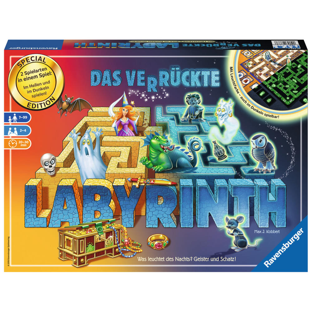 Ravensburger Familienspiele Das verrückte Labyrinth Glow in the Dark, Such-Schiebespiel, Konzentrationsspiel, Strategiespiel, Brettspiel, Gesellschaftsspiel, Familien Spiel, 26687 6