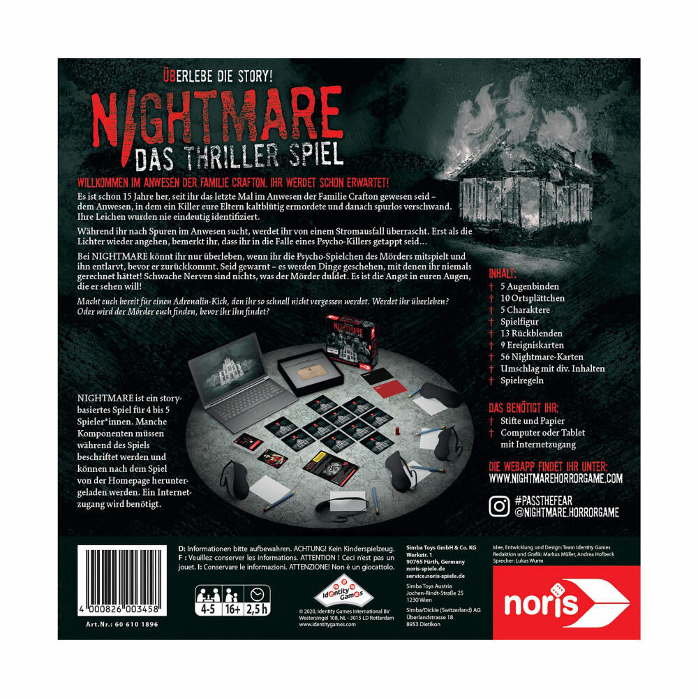 Noris Nightmare Das Thriller Spiel, Abenteuerspiel, Brettspiel, Echtzeit-Spiel, mit App, ab 16 Jahren, 606101896