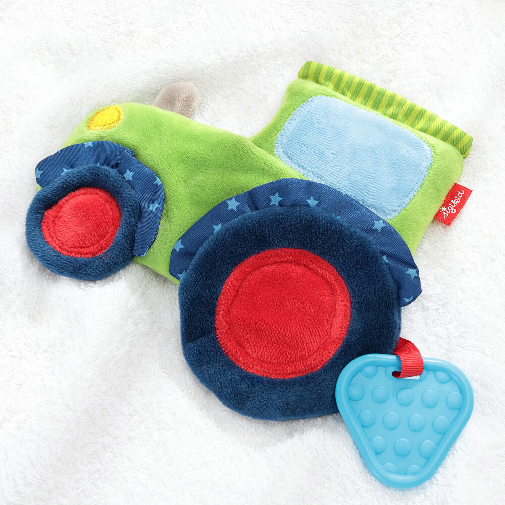 sigikid PlayQ Aktiv-Schnuffeltuch Traktor, Knistertuch, Beißring, Baby Spielzeug, Grün / Blau, 42301