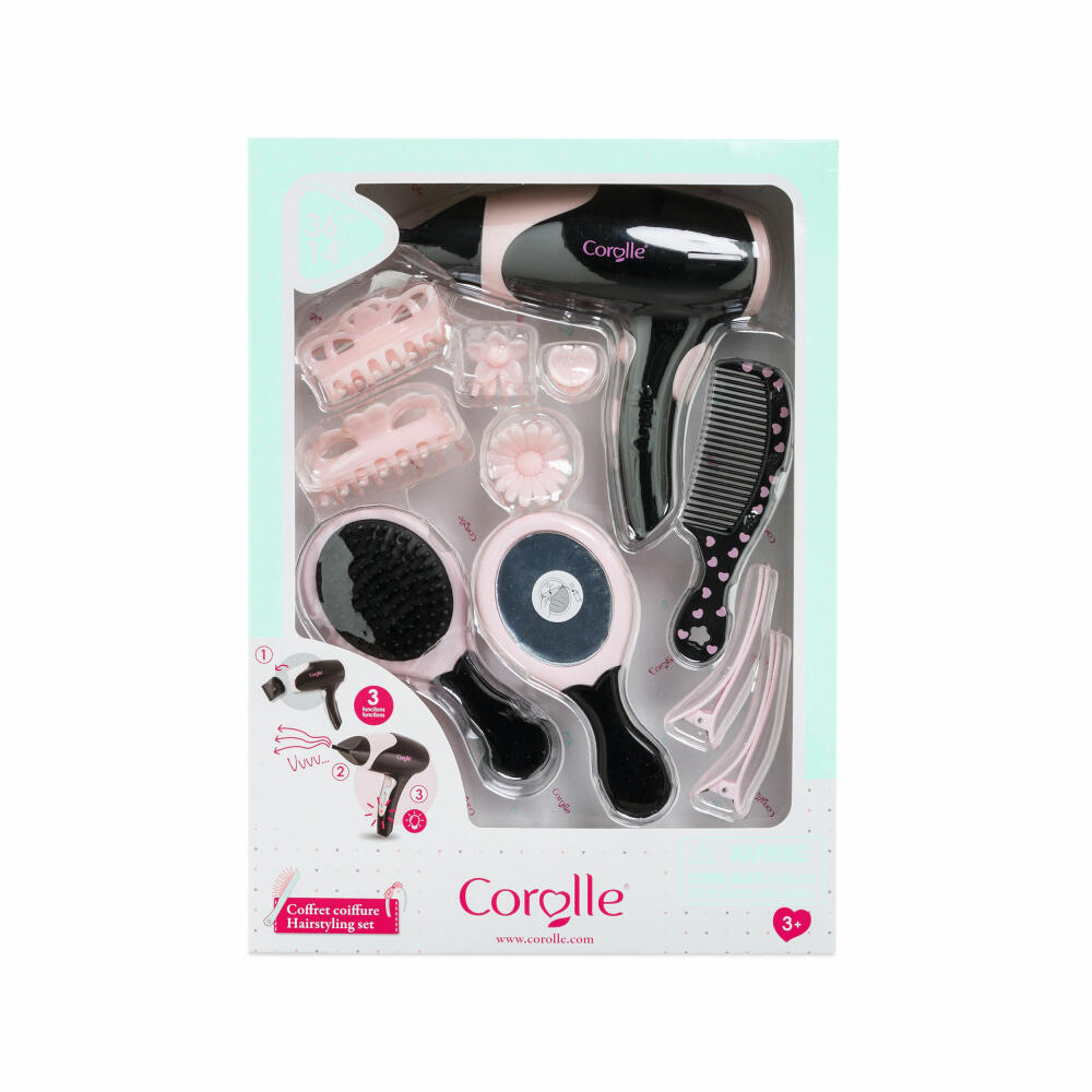 Corolle LTC Haarstyling Set, 14-tlg., Fön, Kamm, Bürste, Haarschmuck, Haarband, Stylingzubehör, Puppe, 9000310020