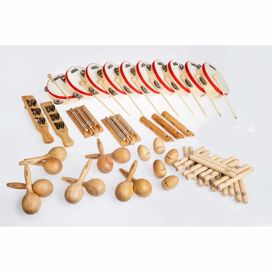 Voggenreiter Holz-Percussion-Set für den Kindergarten, 41-tlg., Tamburin, Maracas, Schellenstab, Flöte, Pfeife, Instrumente, 1309