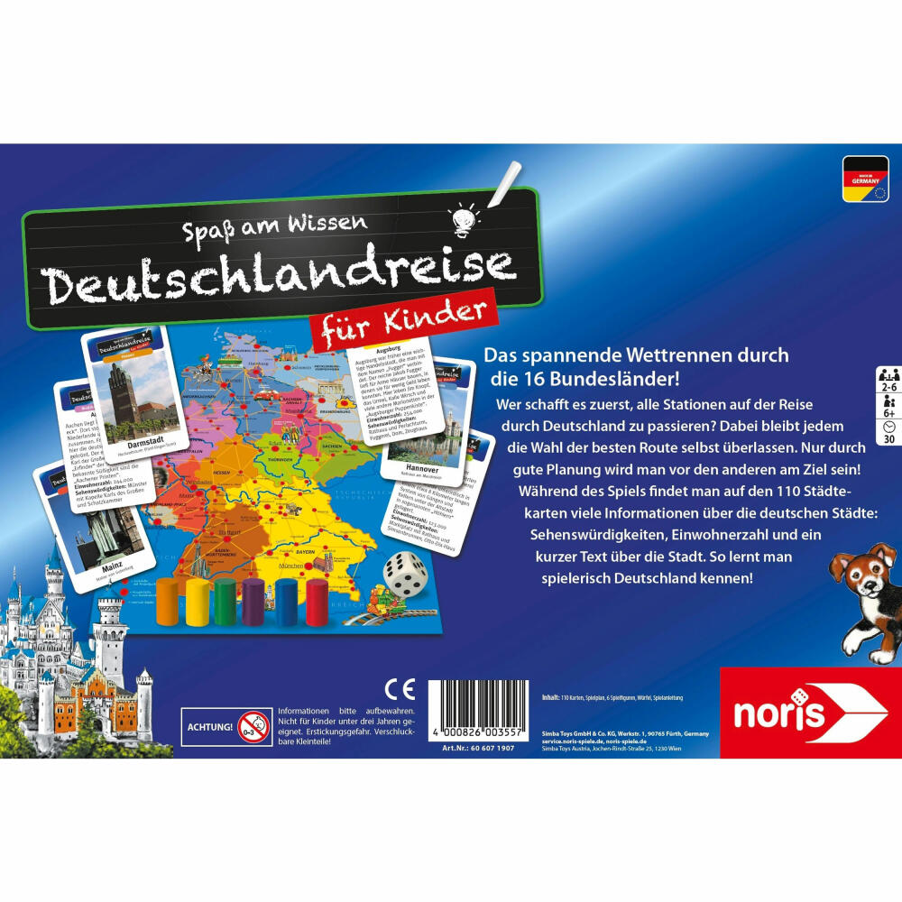 Noris Deutschlandreise für Kinder, Brettspiel, Gesellschaftsspiel, Quiz, Ratespiel, Kinderspiel, ab 6 Jahren, 606071907