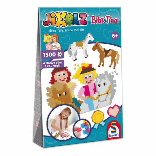 Schmidt Spiele Jixelz Bibi & Tina, Mini-Puzzle, Kinderpuzzle, 1500 Teile, 1 großes oder 4 kleine Motive, 46116