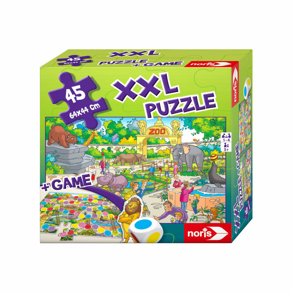 Noris XXL Puzzle & Game Zoo, 2 in 1, Leiterspiel, Legespiel, Puzzlespiel, Kinderpuzzle, Kinderspiel, 45 Teile, 606031913