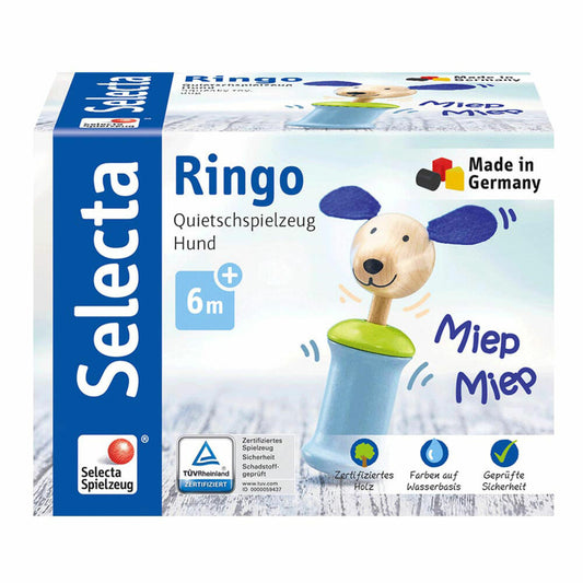 Selecta Spielzeug Ringo Hund Greifling mit Quietsche, Rassel, Babyspiel, Babyspielzeug, Holz, 12 cm, 61056