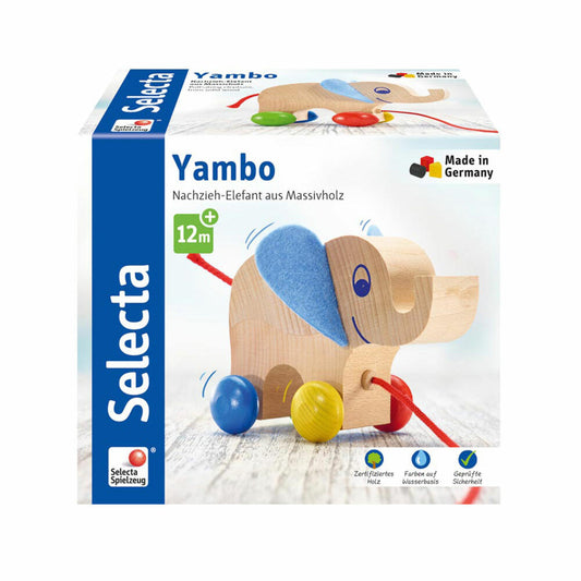Selecta Spielzeug Yambo Nachzieh Elefant, Schiebespielzeug, Kleinkindspiel, Kleinkindspielzeug, Holz, 13 cm, 62000