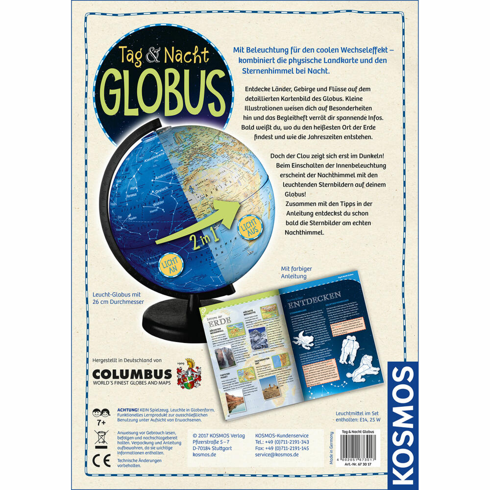 KOSMOS Tag und Nacht Globus, mit Beleuchtung, Leuchtglobus, Kinderglobus, Ø 26 cm, ab 6 Jahren, 673017
