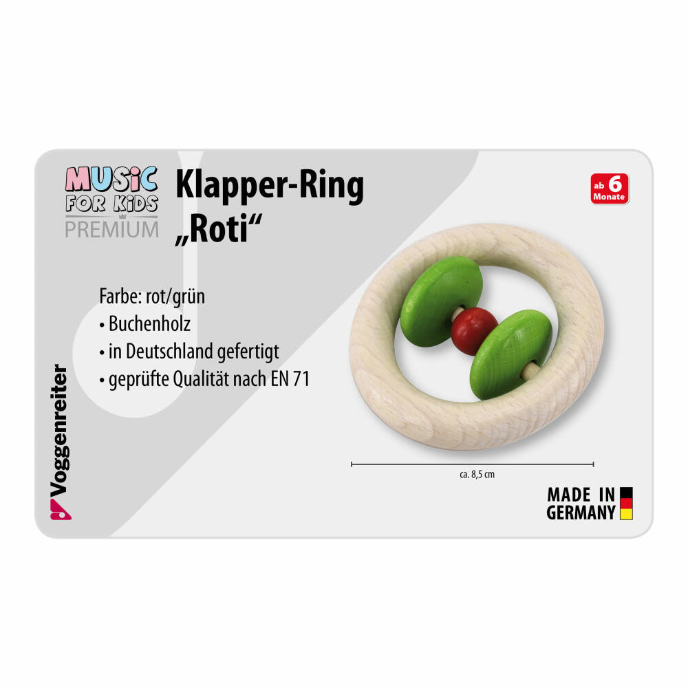 Voggenreiter Music For Kids Premium Klapper-Ring Roti, Rassel, Klangspielzeug, Holzklangspielzeug, Rot / Grün, 1124