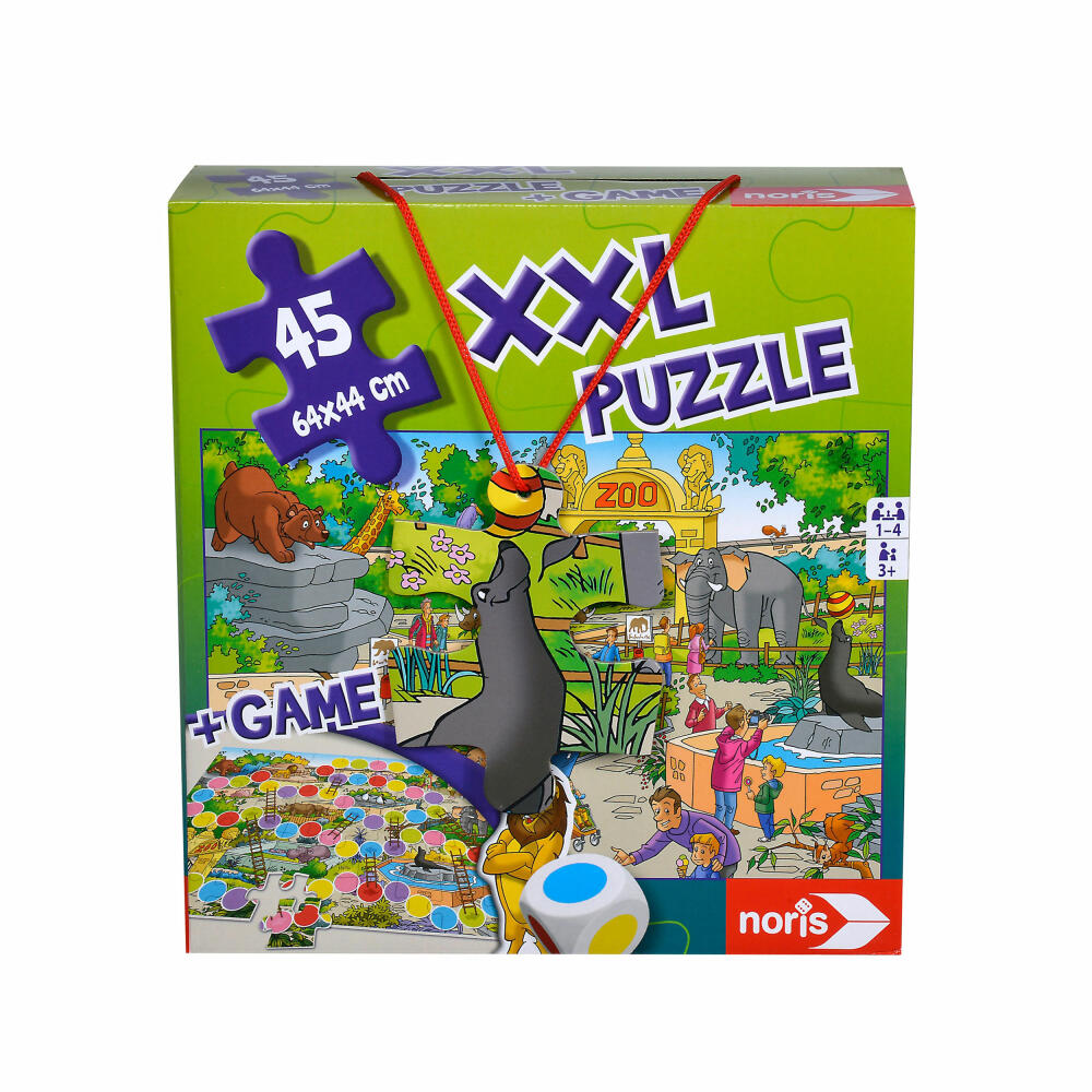 Noris XXL Puzzle & Game Zoo, 2 in 1, Leiterspiel, Legespiel, Puzzlespiel, Kinderpuzzle, Kinderspiel, 45 Teile, 606031913