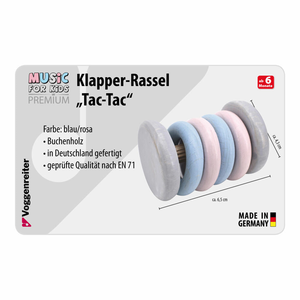 Voggenreiter Music For Kids Premium Klapper-Rassel Tac-Tac, Rassel, Holzklangspielzeug, Klangspielzeug, Blau / Rosa, 1246