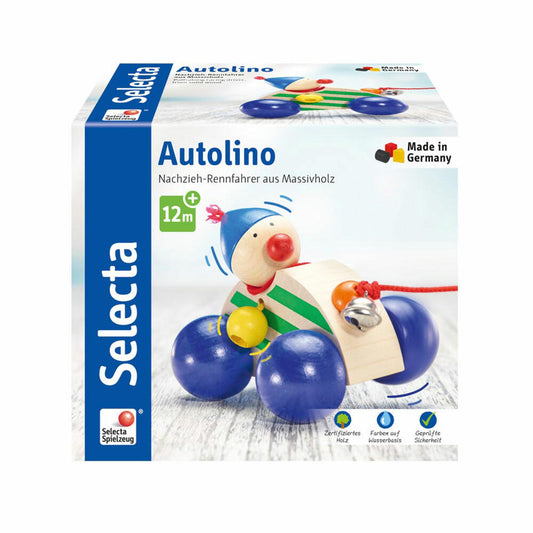 Selecta Spielzeug Autolino Nachzieh Auto, Schiebespielzeug, Kleinkindspiel, Kleinkindspielzeug, Holz, 11 cm, 62024