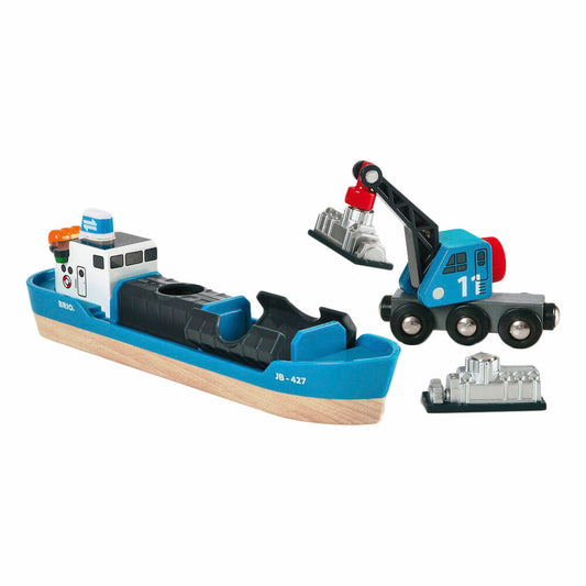 BRIO Containerschiff mit Kranwagen, 4-tlg., Zubehör für die Holzeisenbahn, Eisenbahn, Holzspielzeug, Holz Spielzeug, 33534